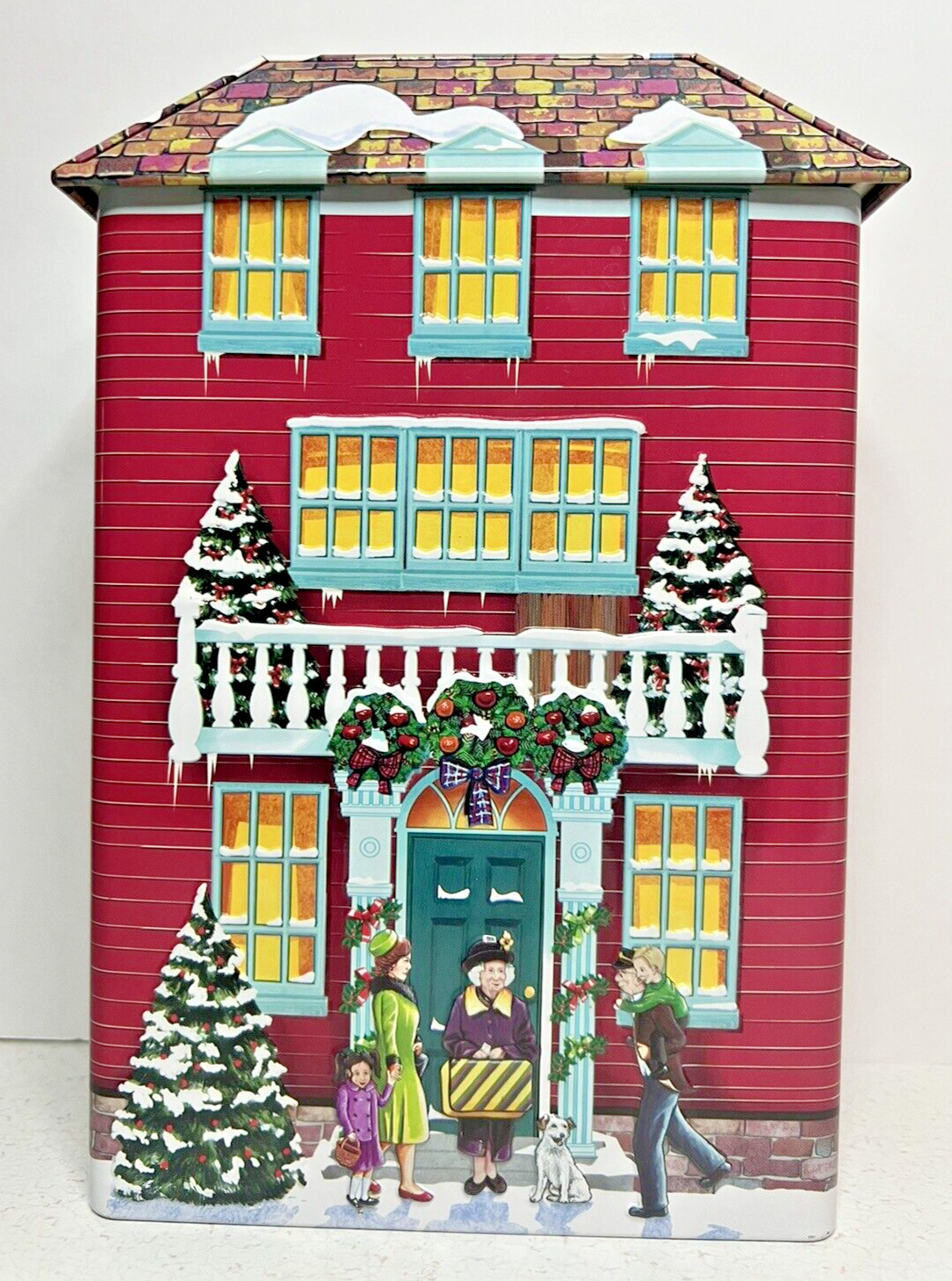 Christmas Tin Vintage Winter Town House Decorative Storage Container Snowman ***