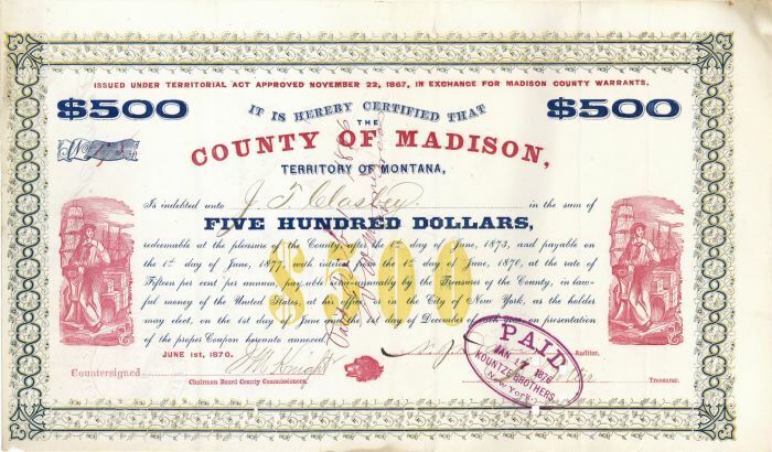 County of Madison, Territory of Montana - $500 Bond - General Bonds