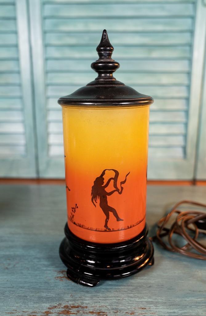 Antique Tiffin Franciscan Art Deco Mantle Lamp Ombre Orange/Yellow Dancing Nudes