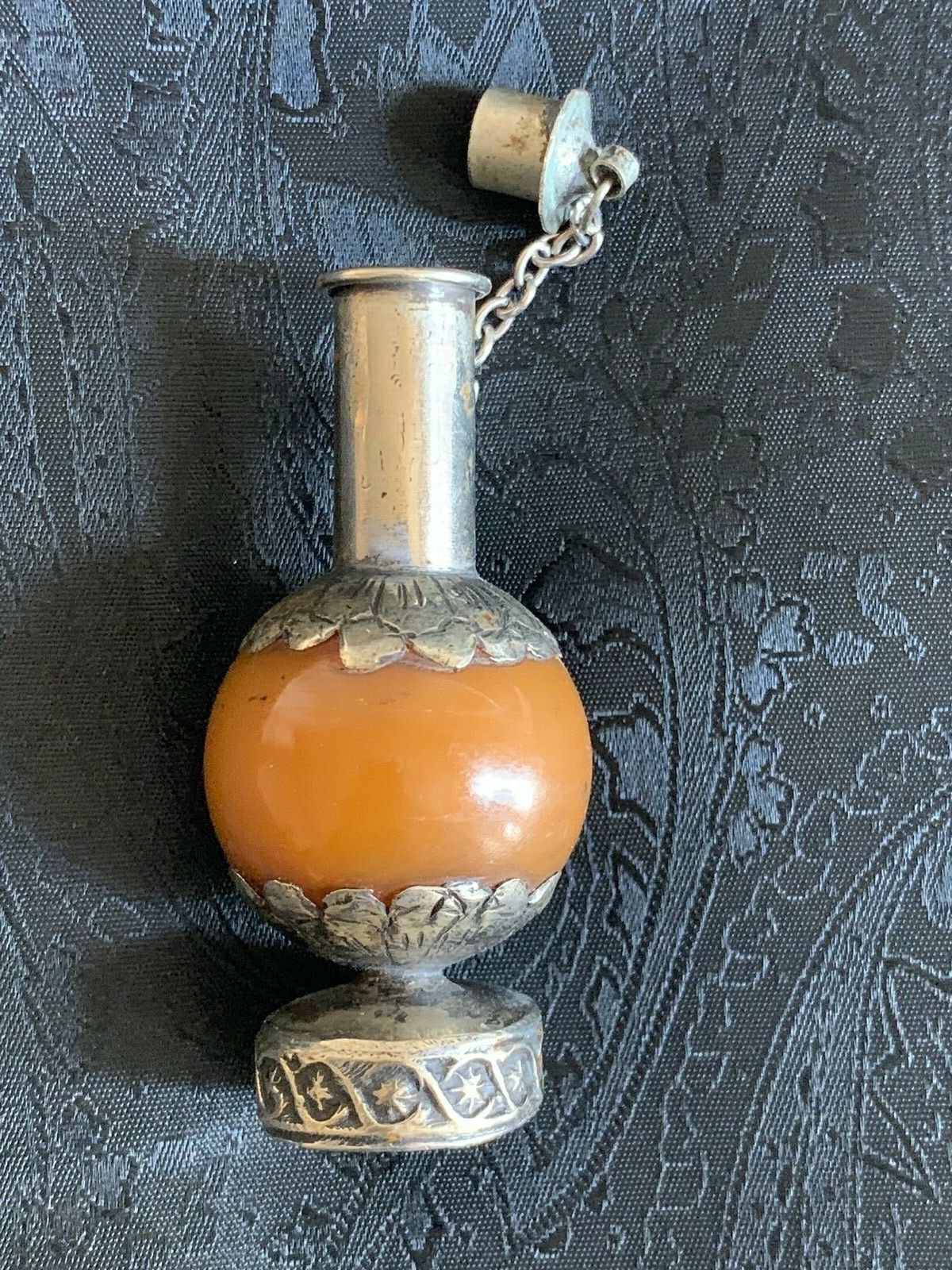 Vintage Ethnic perfume silver bottle - Hard stone - 6.5cm