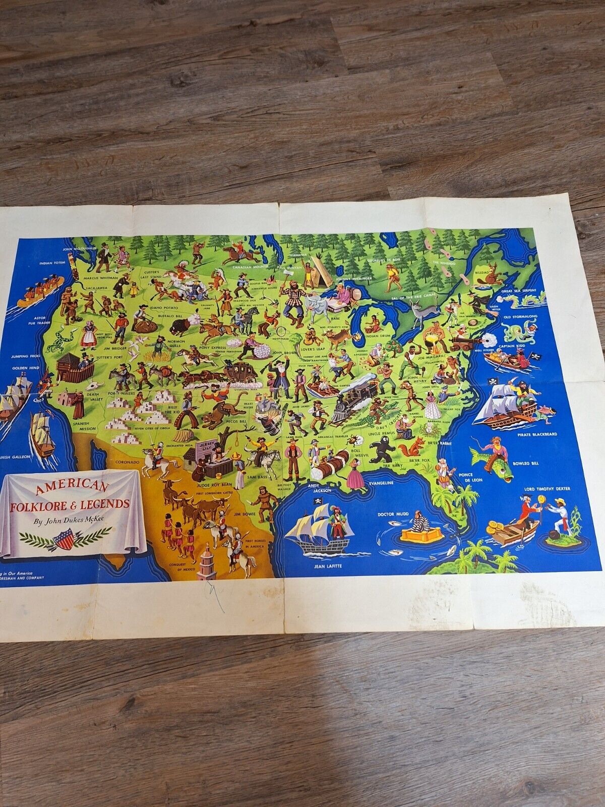VINTAGE  DETAILED CARTOON MAP AMERICAN FOLKLORE & LEGENDS BY MCKEE