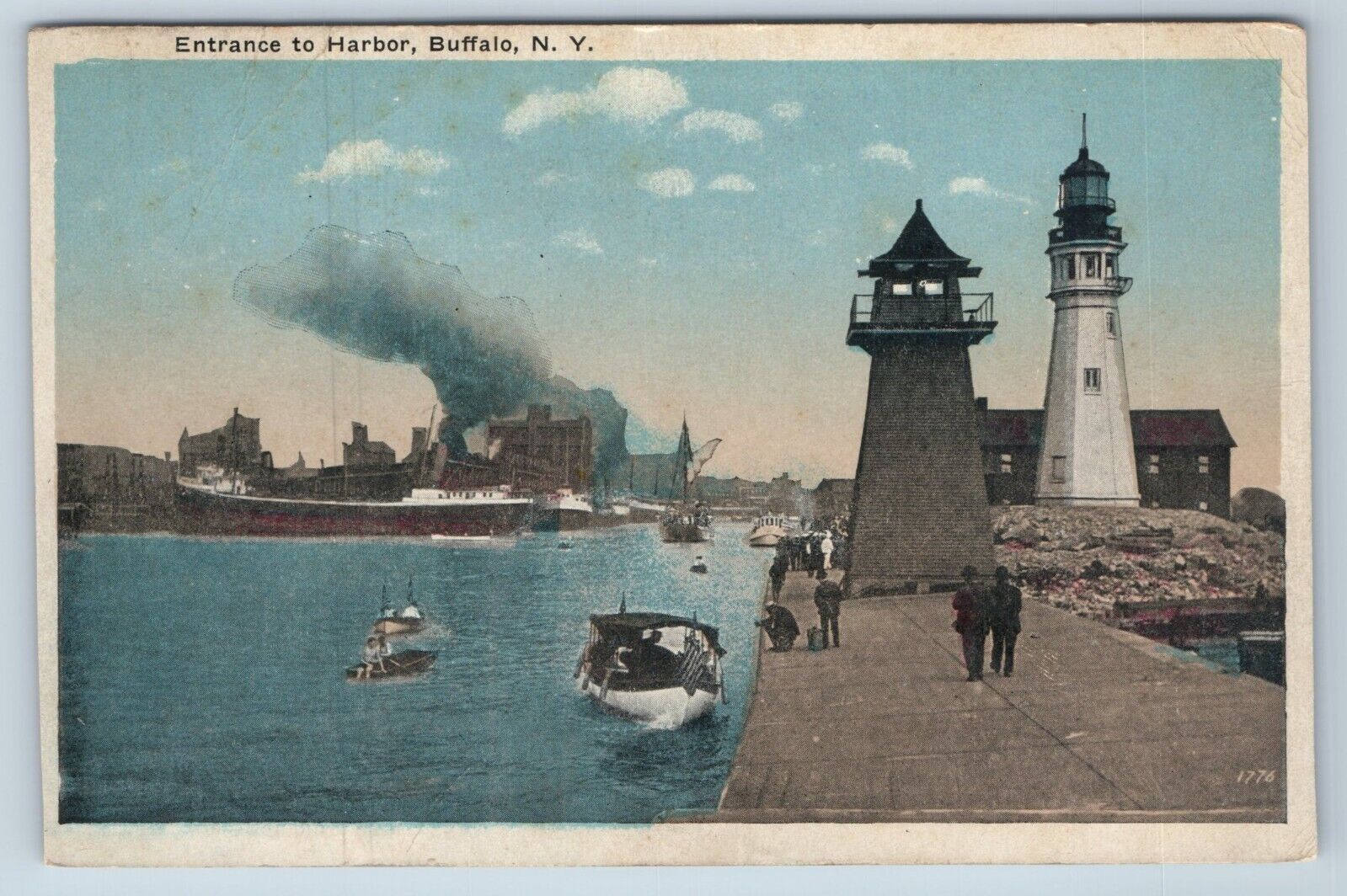 Postcard Entrance to Harbor Buffalo New York Ship Boat Lighthouse