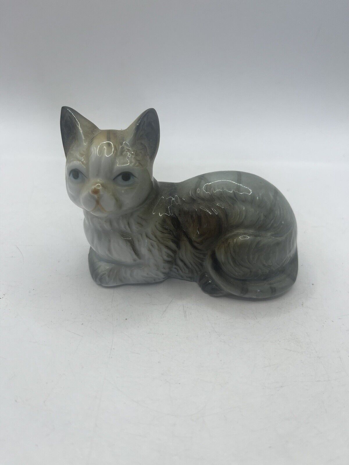 Vintage Porcelain Ceramic Grey Tabby Kitten Cat Figurine Decor Small