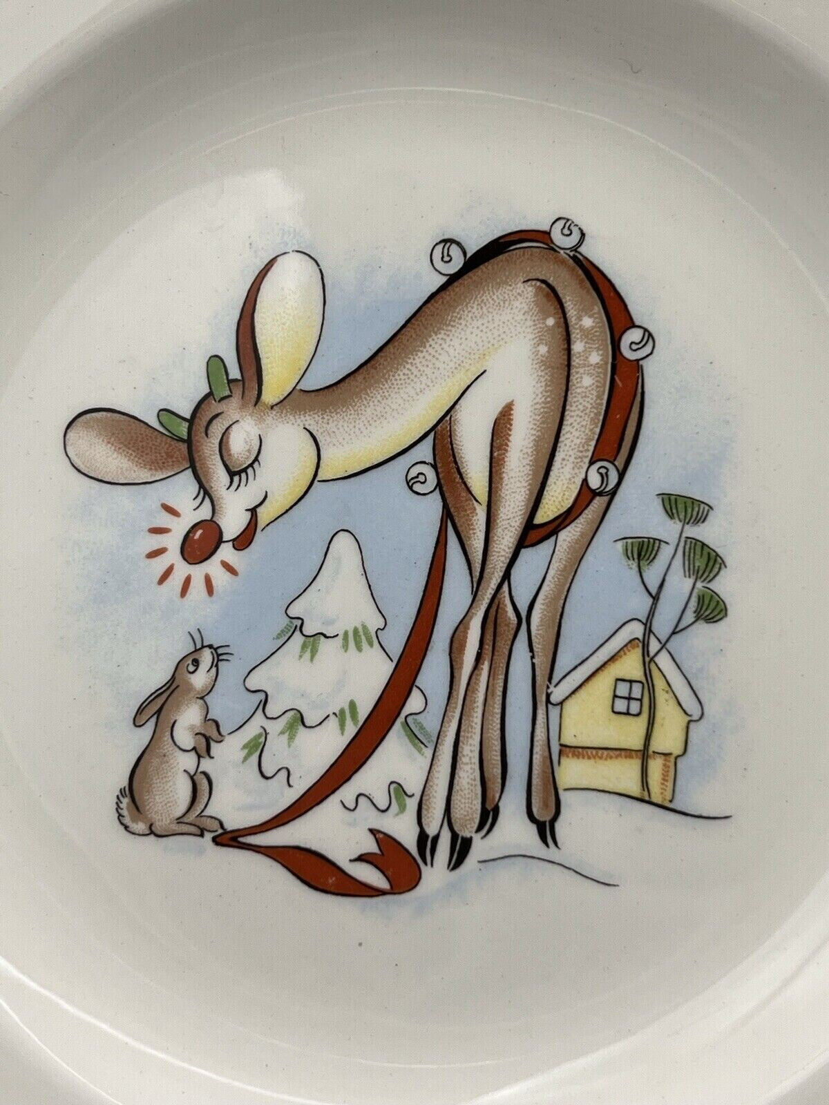 RLM Rudolph Red-Nosed Reindeer 1940’s 3 Piece Baby Plate, Bowl, Mug Set Vintage