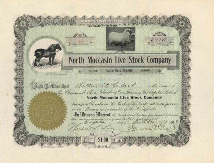North Moccasin Live Stock Co. - Stock Certificate - Cattle, Horses & Meat Packin