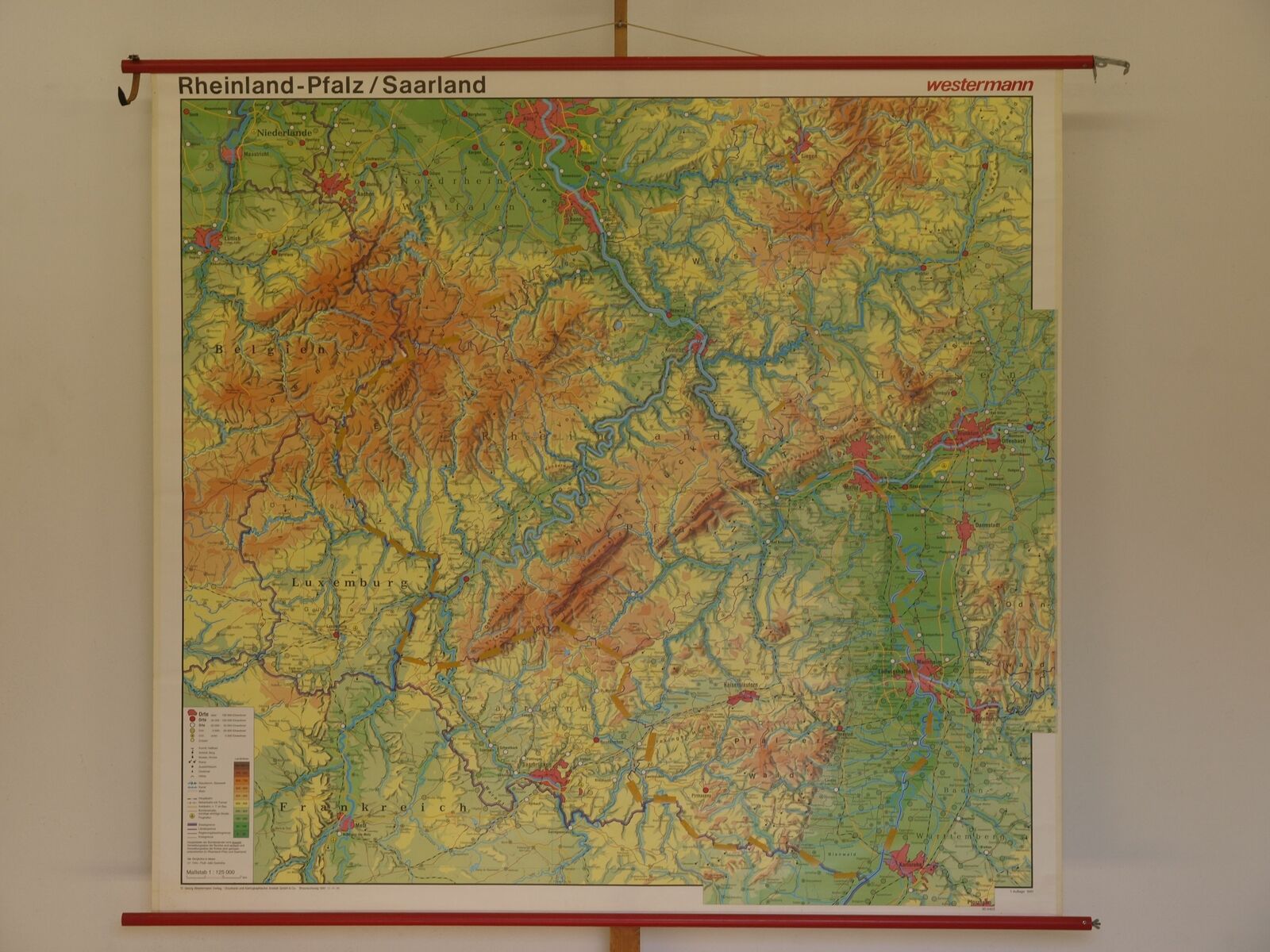 Rhineland-Palatinate And Saarland Physisch 1981 Schulwandkarte Wall Map
