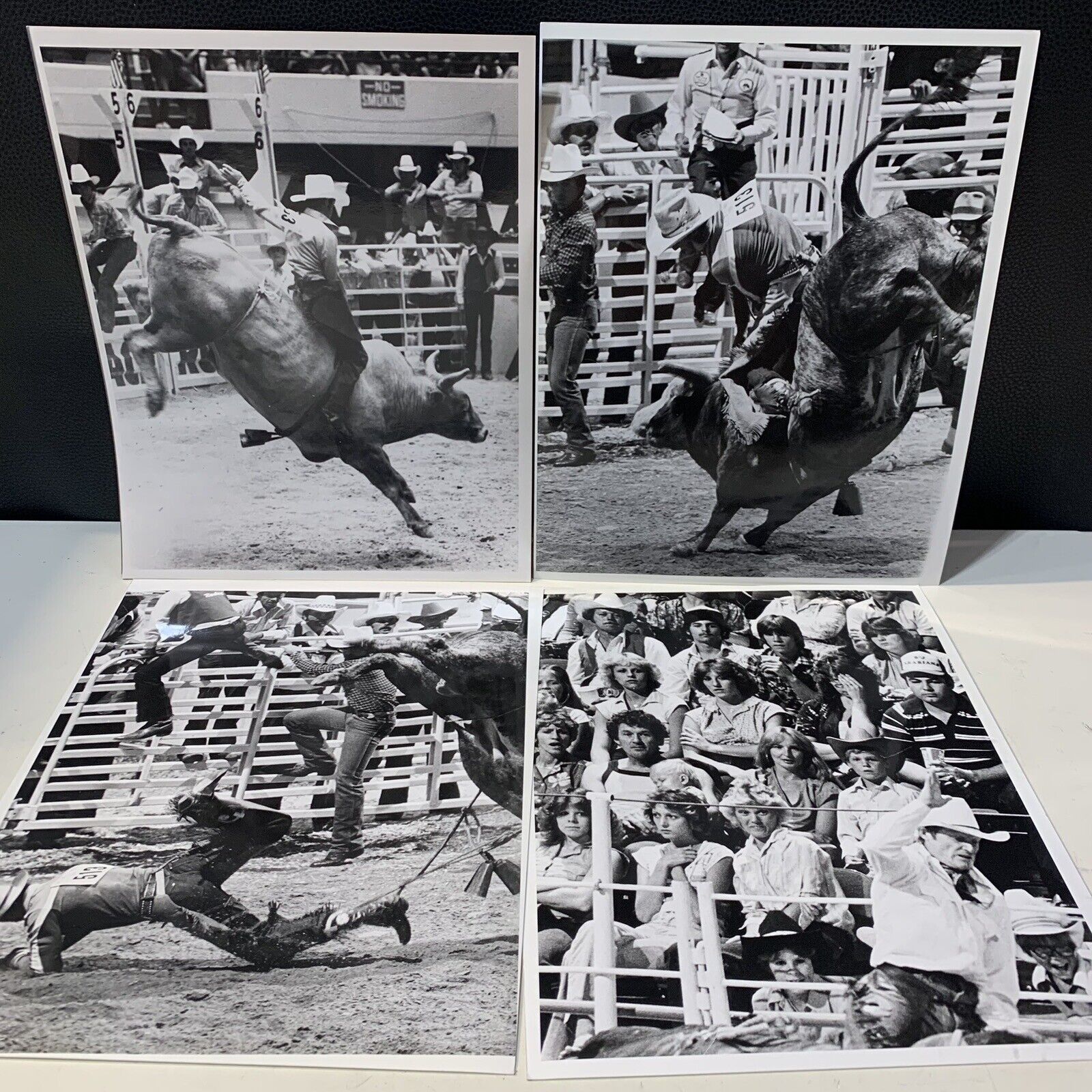 Vintage Rodeo Bull Riding Photos, (4) 8x10 Photographs Cowboys Bucking Bulls B&W