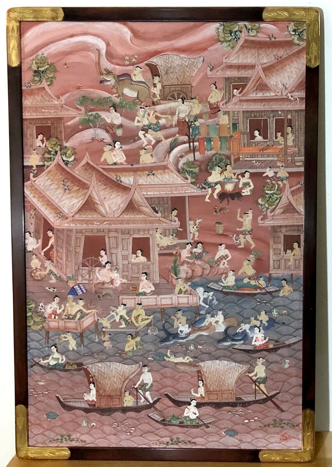 BEAUTIFUL FRAMED LARGE PERSIAN WATERCOLOR PAINTING OF VILLAGE WITH FIGURES