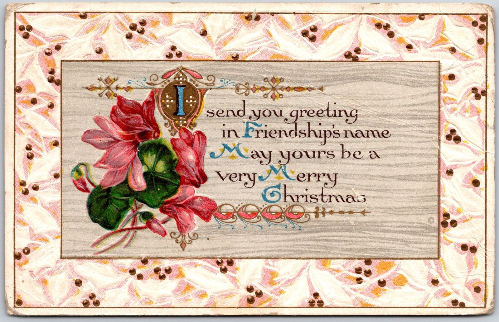 1908 Christmas Greetings Flower Landscape Pink Ribbon Greetings Posted Postcard