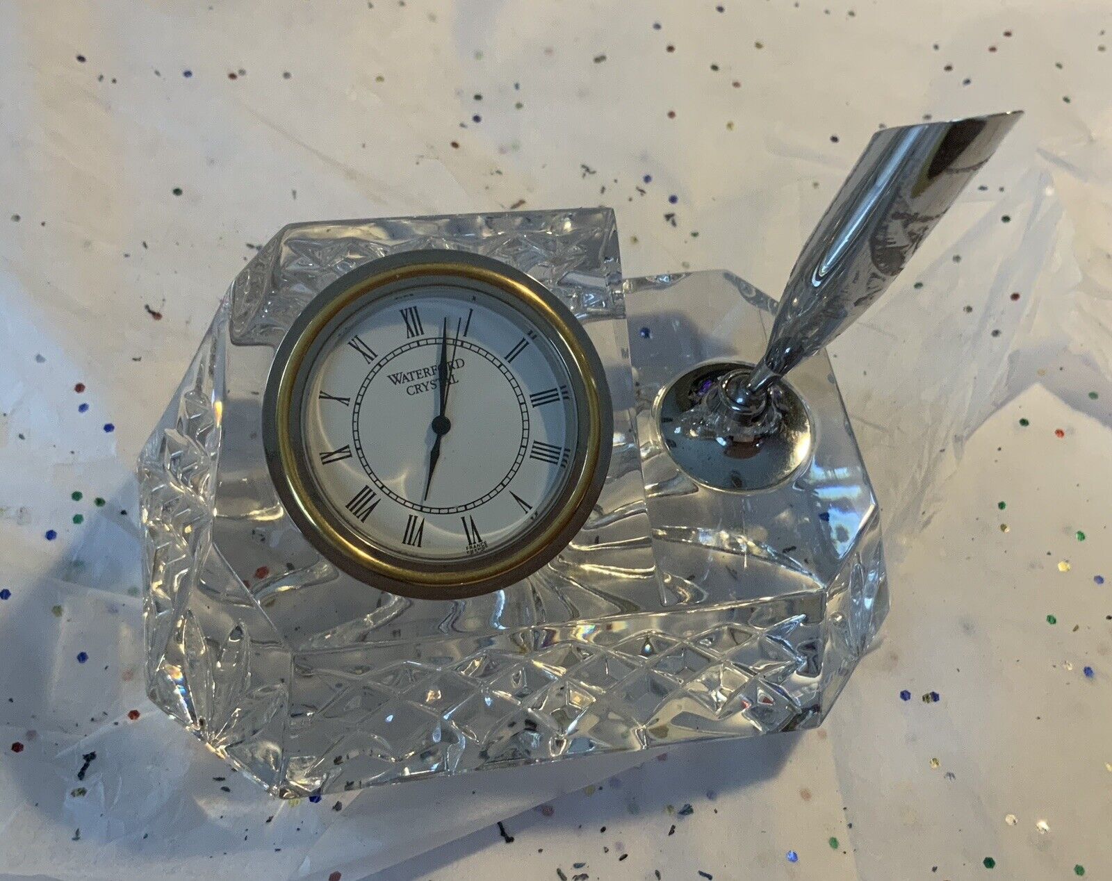 Vintage Waterford Crystal Desk Clock / Pen Holder - No Box New Battery