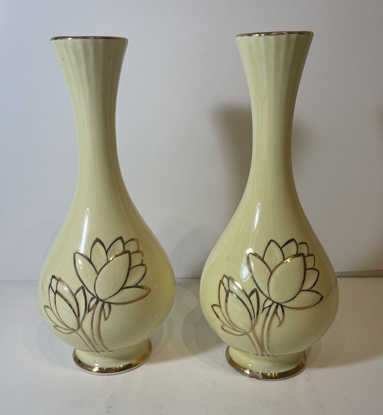 Vintage MCM Golden Ware Pair Of Vases - 22 K Gold Accents- Lotus Flower Design