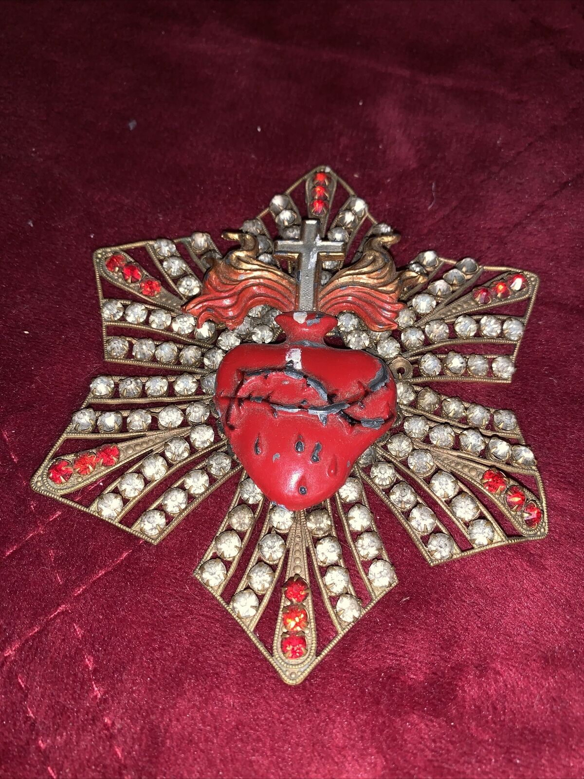 Vtg Catholic Rhinestone Pin Brooch Sacred Heart Daggers Illuminati Knights Rare