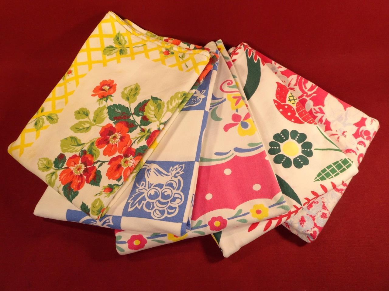 LOT OF 5 COLORFUL VINTAGE MID CENTURY TABLECLOTHS NICE FOR USE OR CUTTERS???