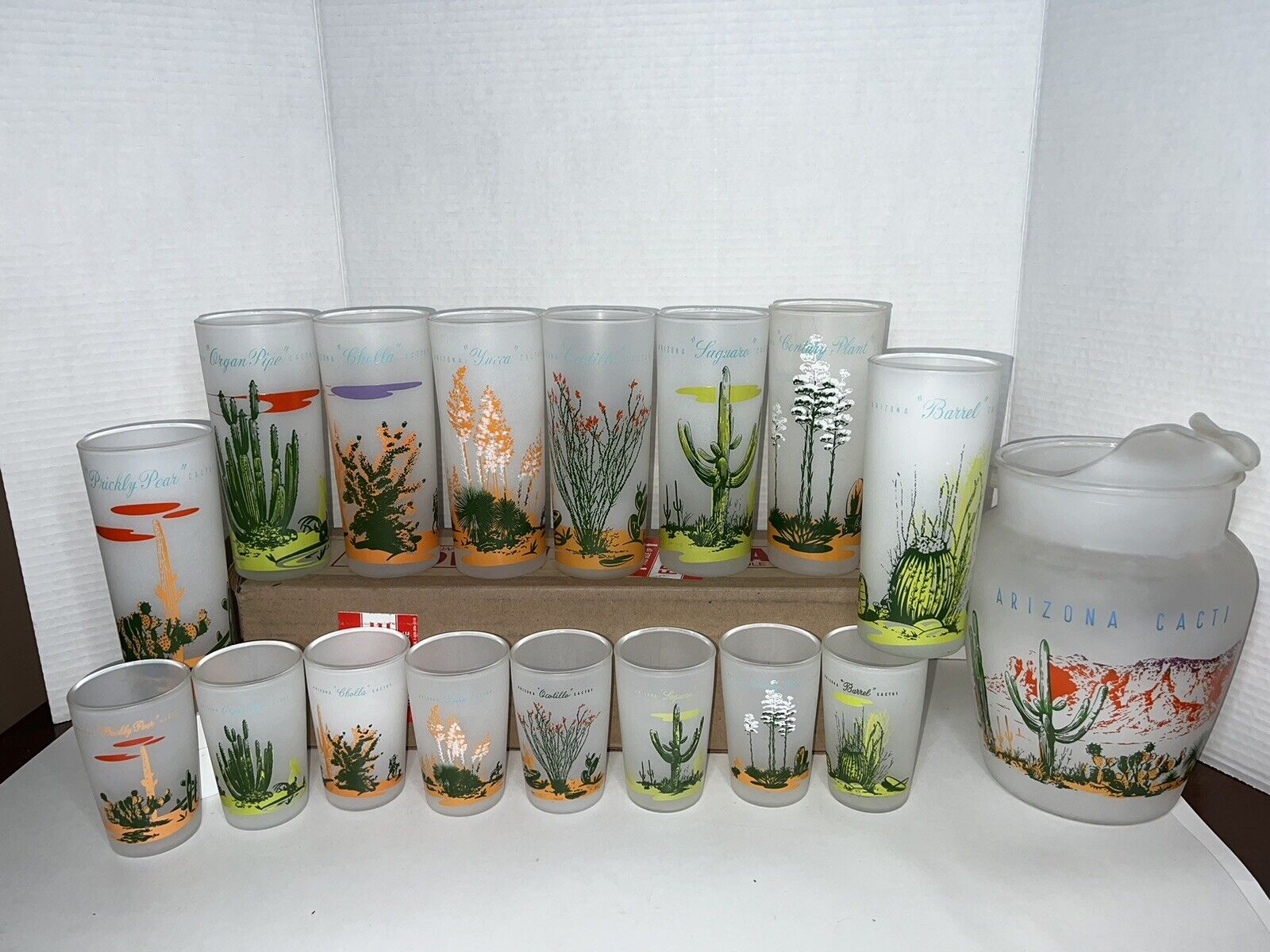 17 Vintage Blakely Oil & Gas Arizona Frosted Cactus Glasses W Pitcher Tea Set