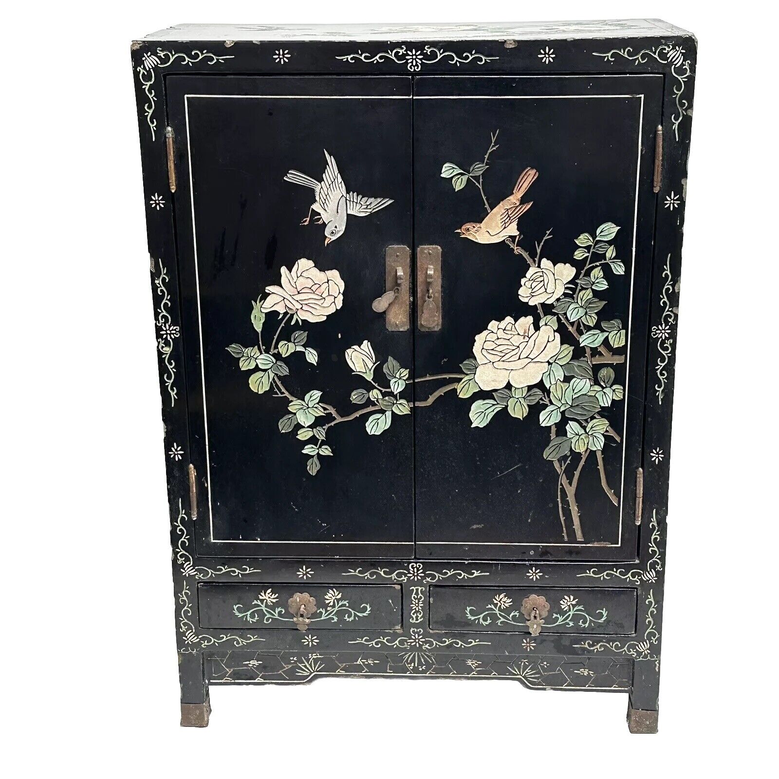 Vintage Hand Carved Asian Oriental Black Lacquer Jewelry Box Cabinet