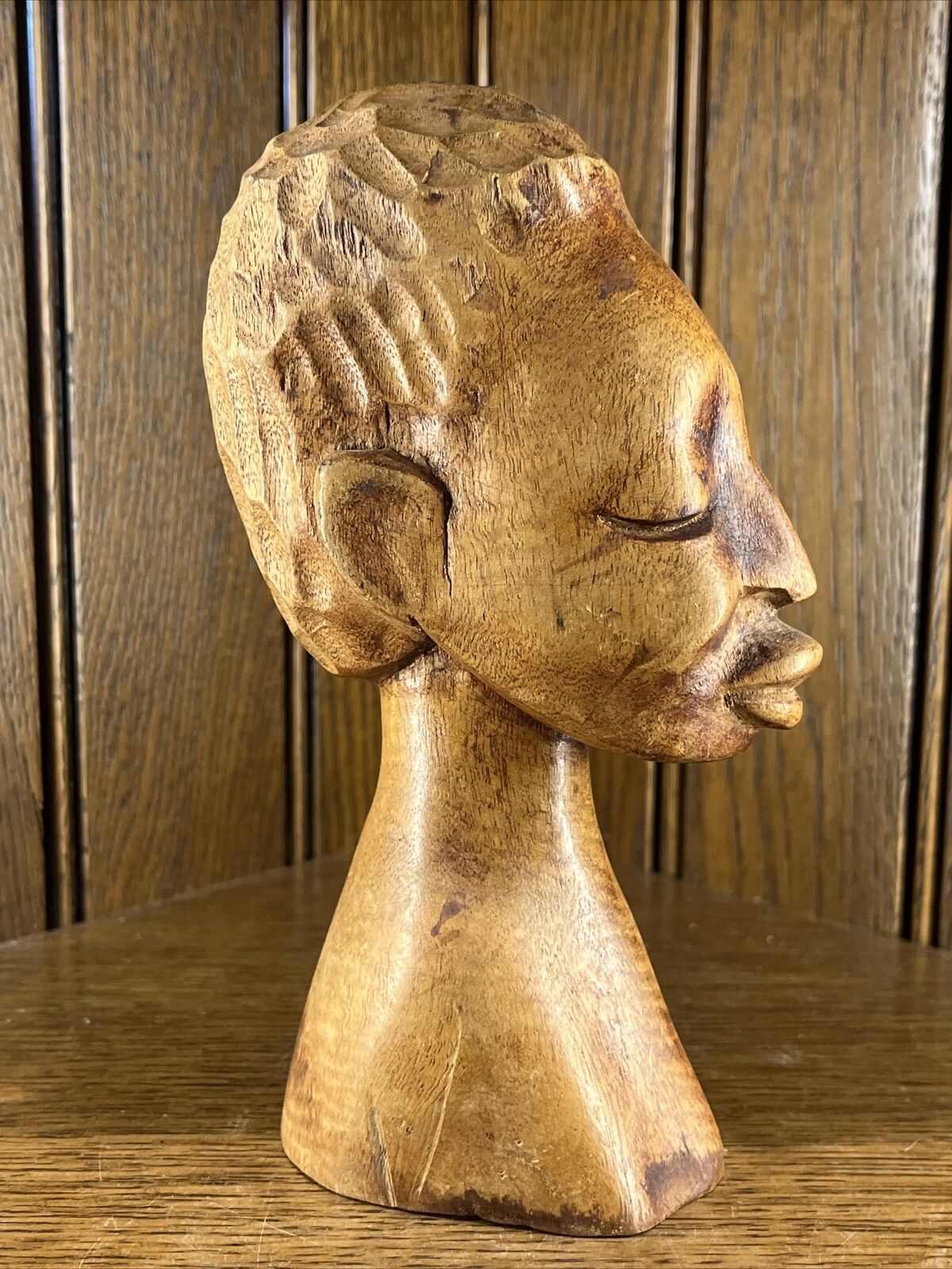 Vintage Wooden Woman Tribal African Wood Carved Bust Head Statue Figure Signed