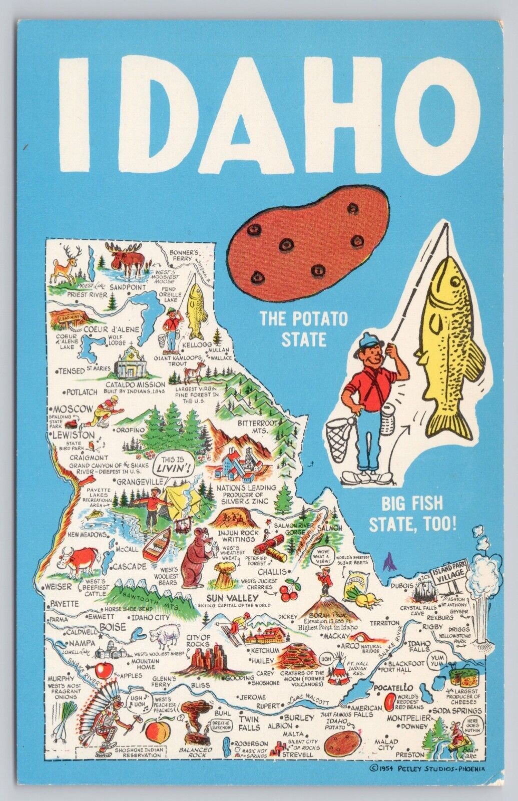 Idaho State Pictoral Map, Landmarks & Attractions, Vintage Postcard