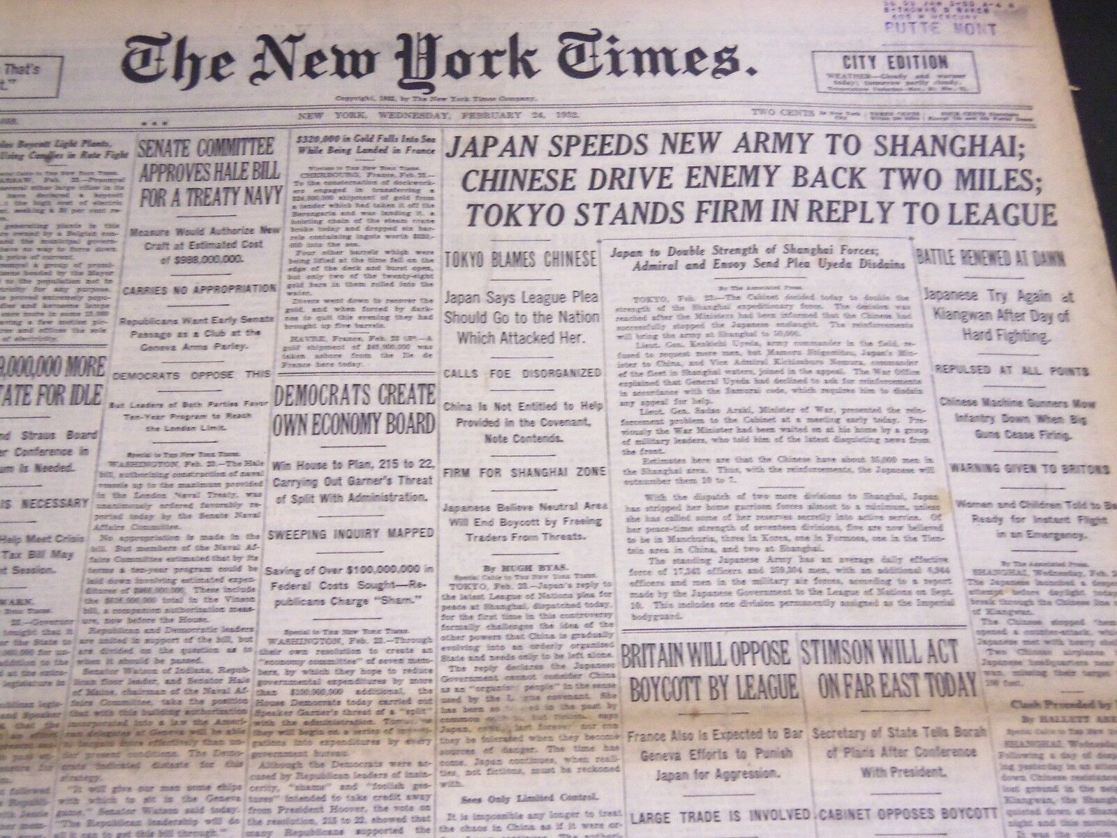 1932 FEBRUARY 24 NEW YORK TIMES - JAPAN SPEEDS NEW ARMY TO SHANGHAI - NT 4782