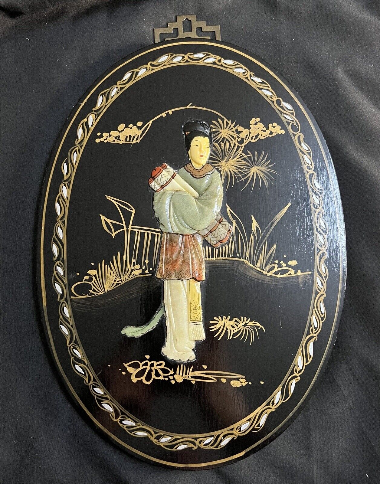 Asian Decor Geisha Mother of Pearl Jade Gold Paint Black Lacquer Vintage
