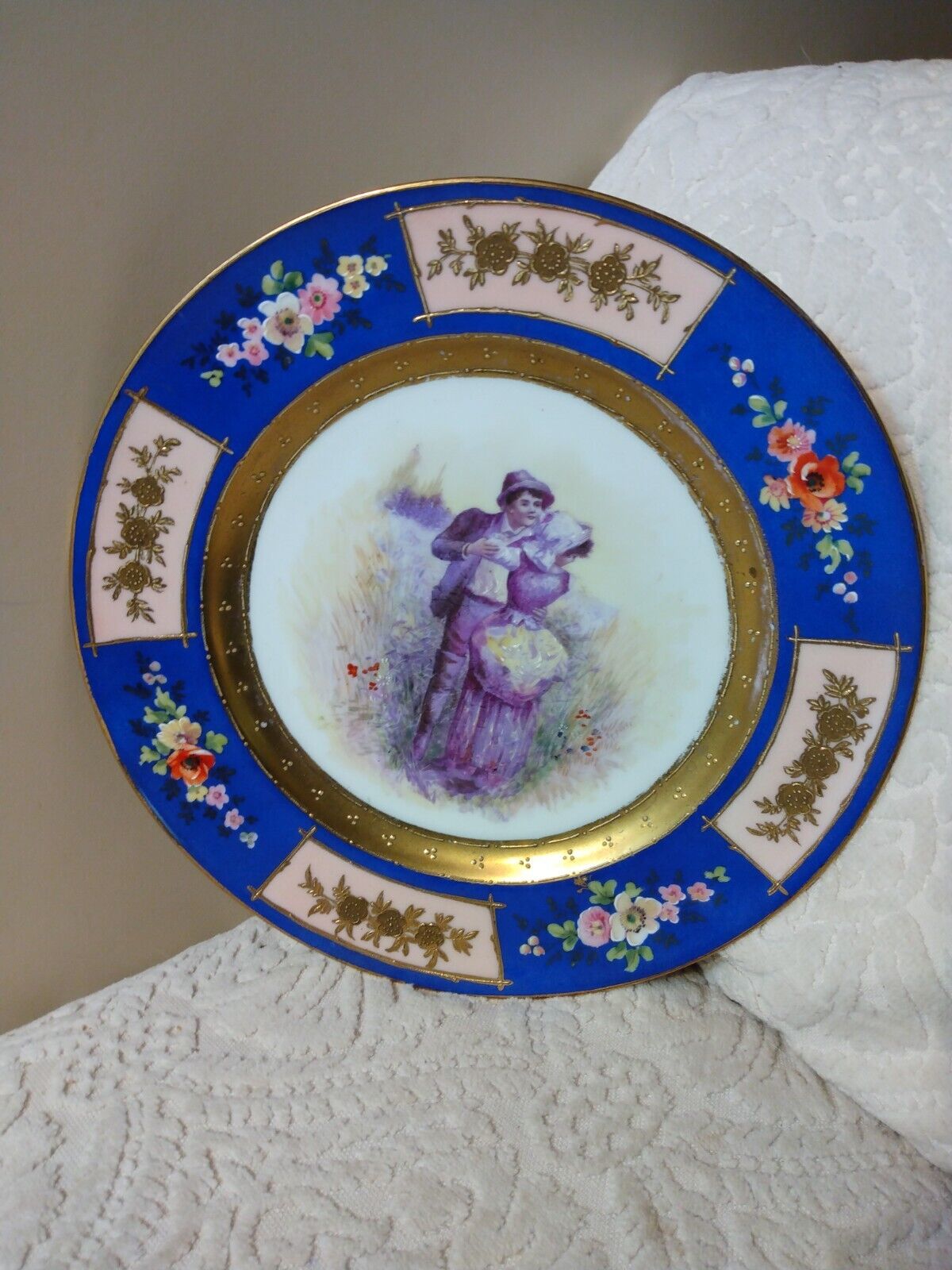 Antique Fischer Meig Portrait Porcelain Plate Children Sgnd Gold Gilt Hd/Ptd 
