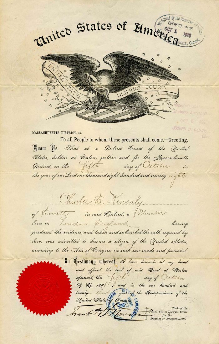Citizenship Certificate - 1898 - Early Stocks and Bonds