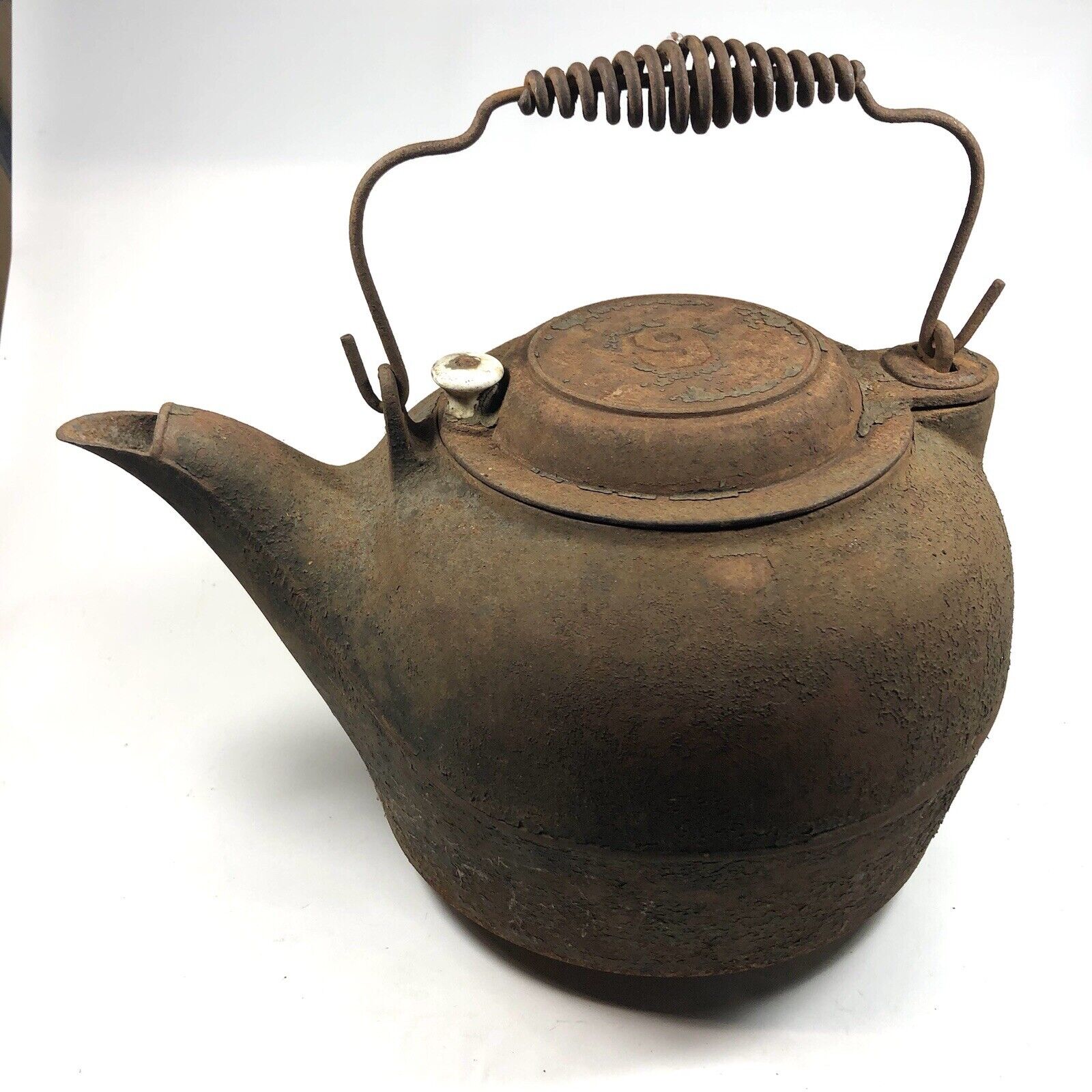 Cast Iron Steam Tea Kettle W/ Handle & Swivel Top Antique Large 14x8 Inches