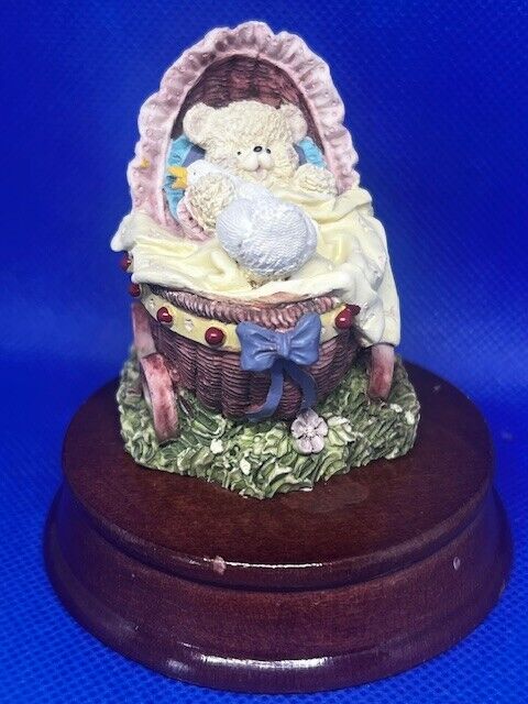 Vintage Baby Teddy Bear w/ Goose in Carriage on wood stand Figurine