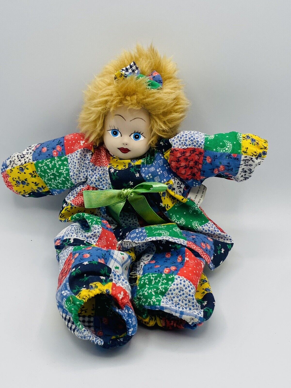 Clown Doll Collectible Porcelain Ceramic Pretty Face Patchwork Outfit