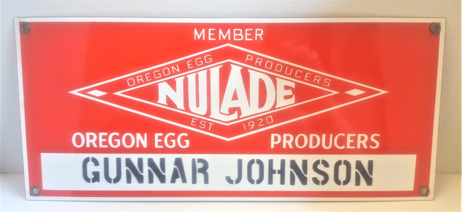 Vtg Oregon Egg Producer Metal Porcelain Sign NULADE Member 16x7 GUNNAR JOHNSON