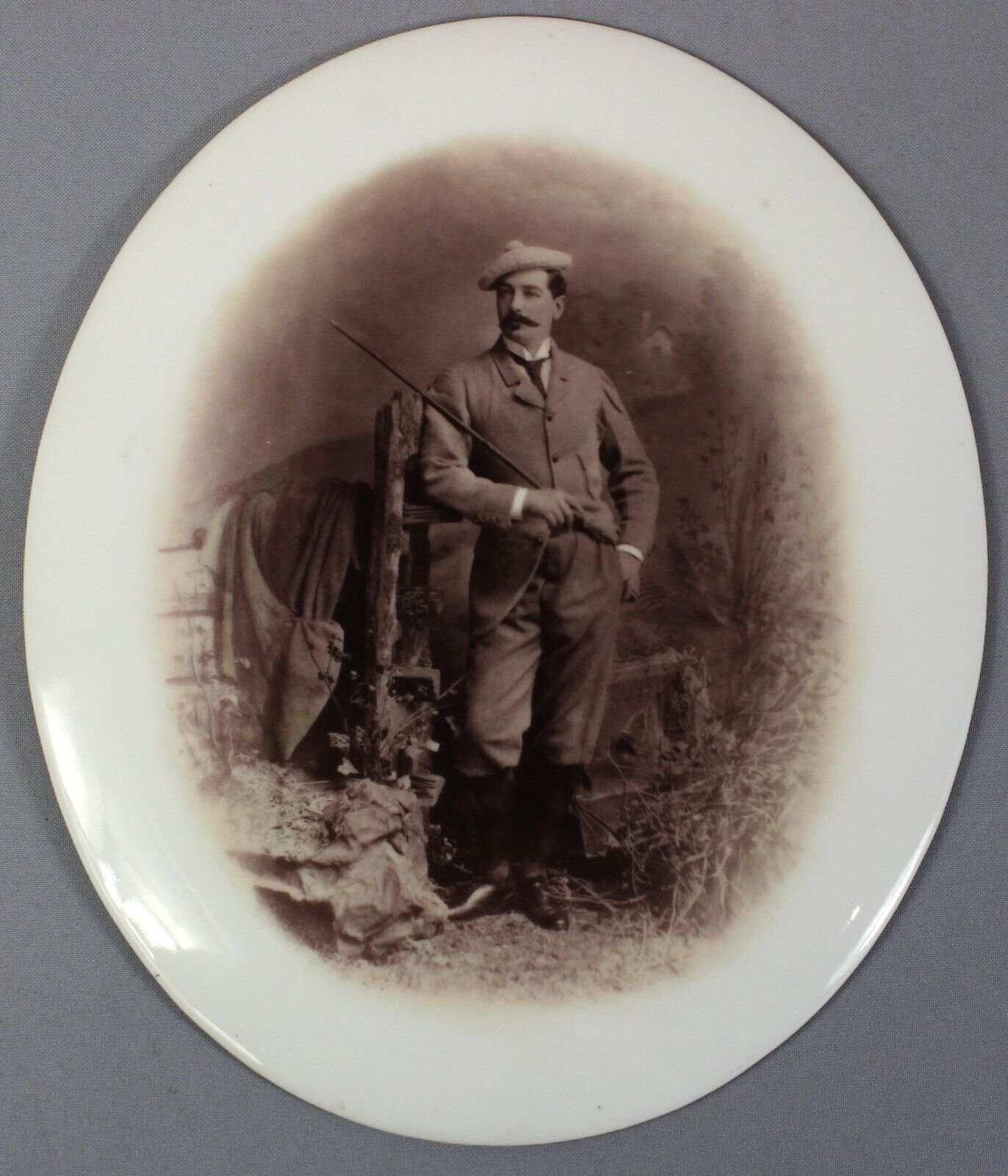 circa 1910 unusual EDWARDIAN transfer-printed photograph on oval CERAMIC plaque