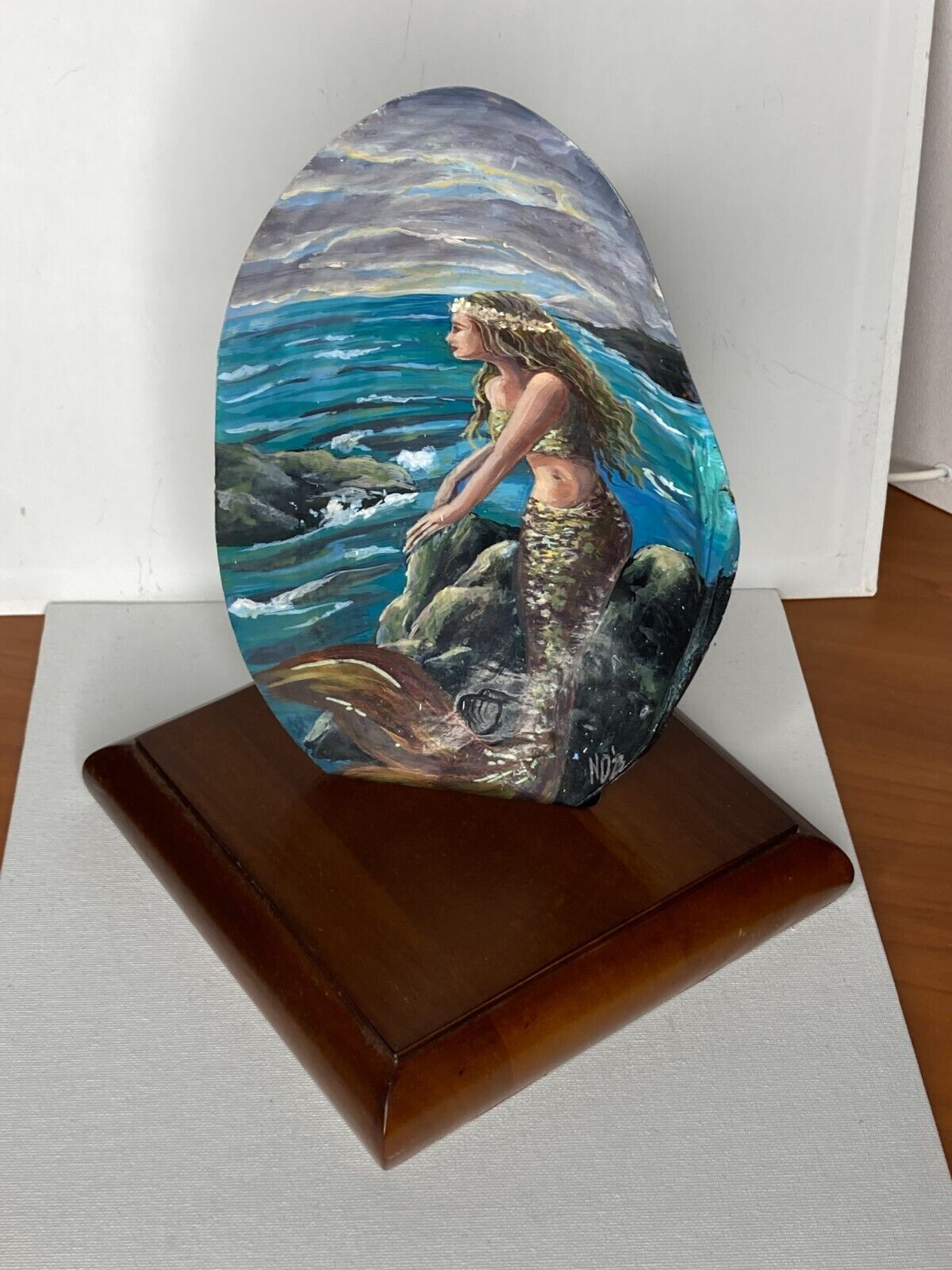 Large Mother of Pearl Hand Painted Large Shell Vintage Seashell Mermaid .