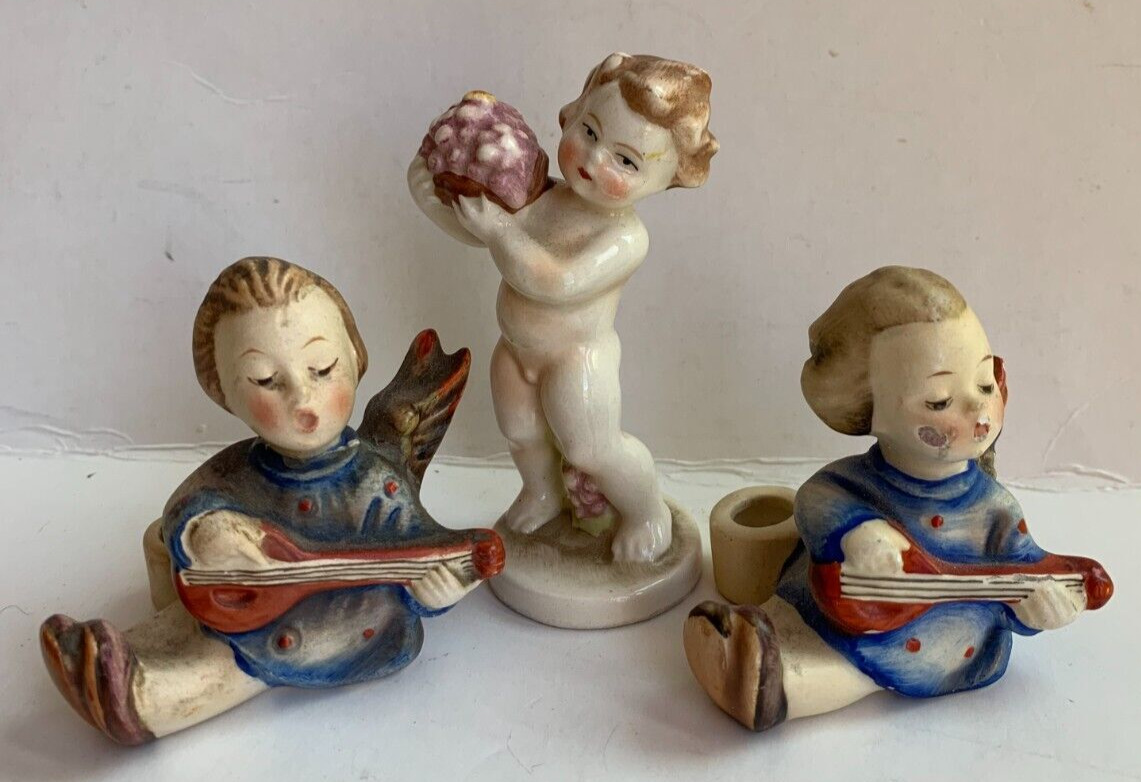 Lot of 3 Vtg Goebel Figurines: 2 Angels Playing Lute, Cherub with Fruit, Germany