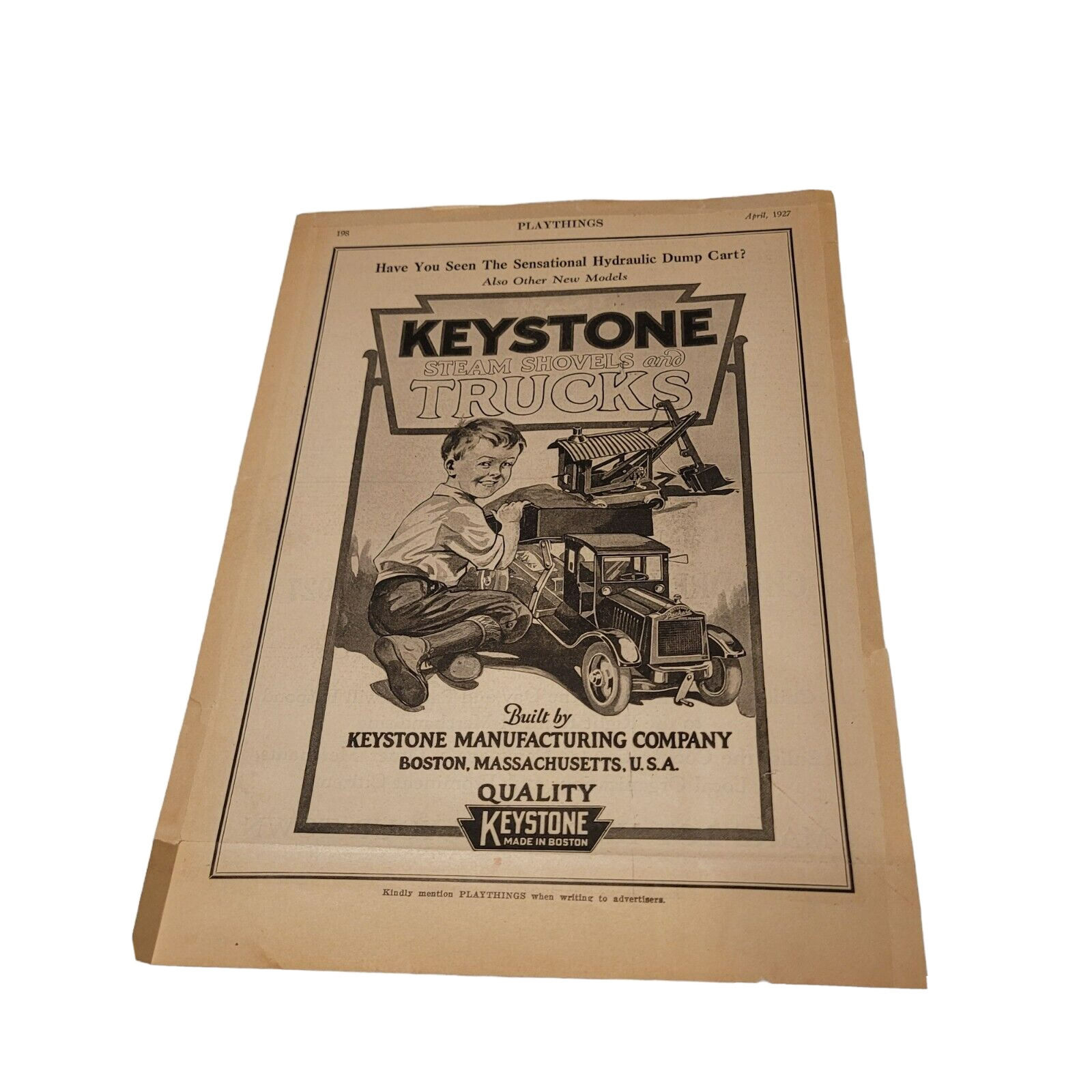 1927 Keystone Steam Shovels and Trucks Original Ad Page Playthings Boston Mass