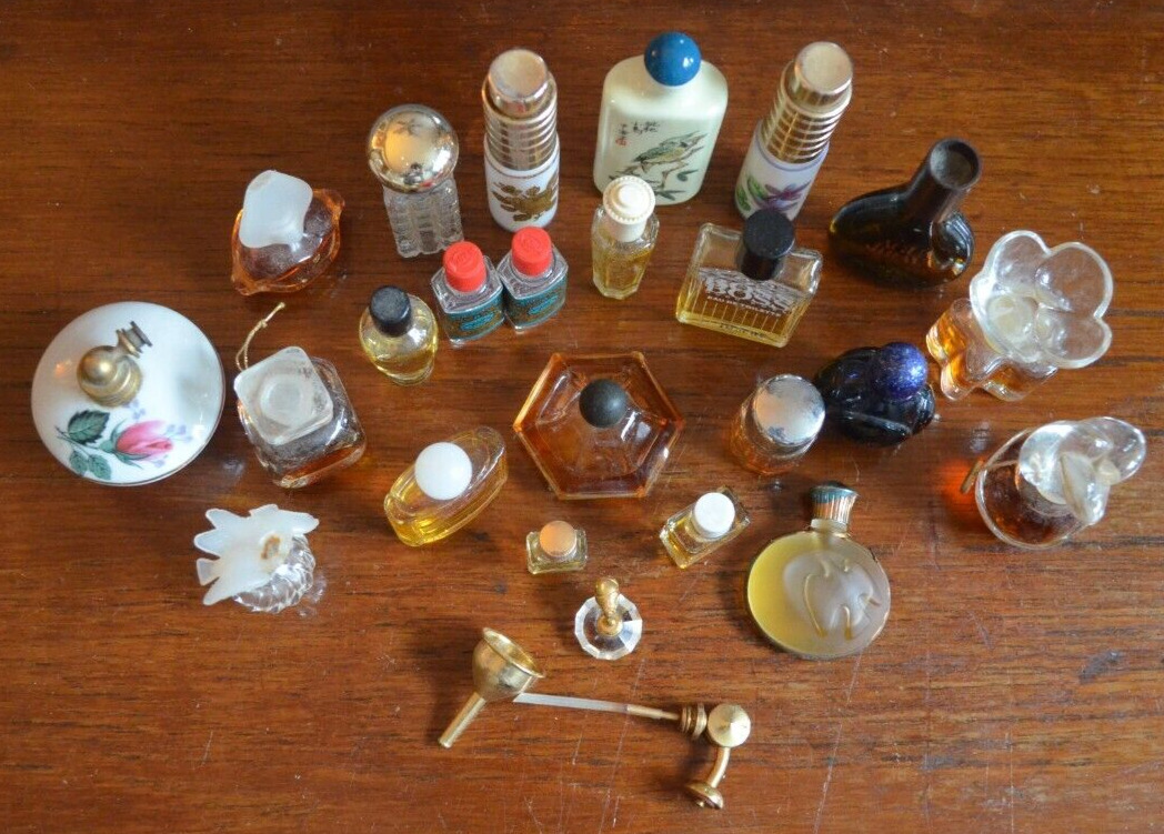 Perfume Bottles Vintage Miniature Lot of 26 Pc Designer, Funnel, Crystal Perfume