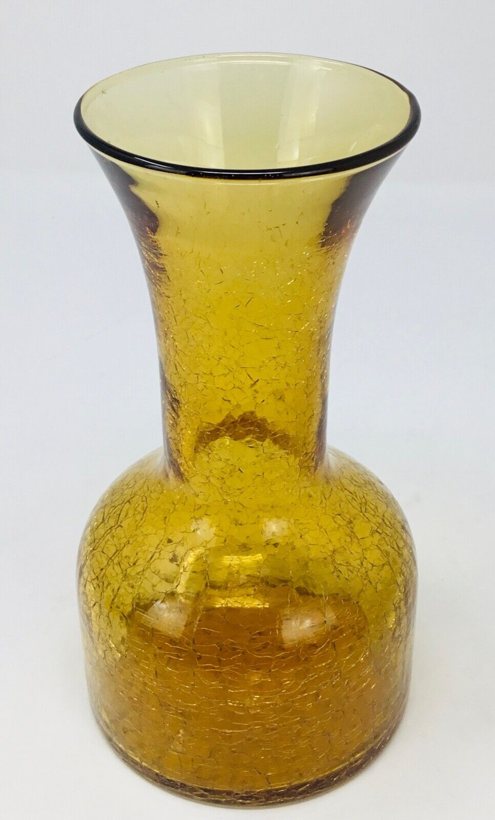 Blenko Hand Blown Crackled Glass Amber Vase or Decanter 7.5 in X 4 in W Vintage