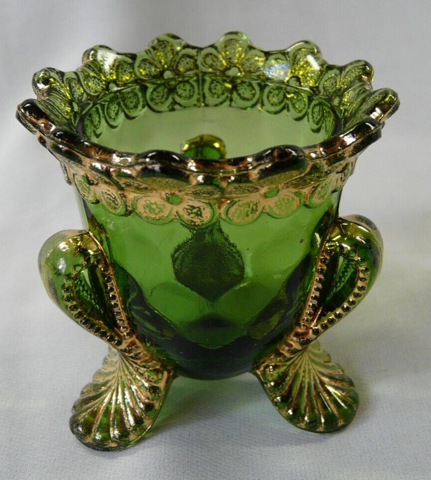 Vintage U.S. Glass Vermont Pattern EAPG Green Gilded 3 Toed Toothpick Holder