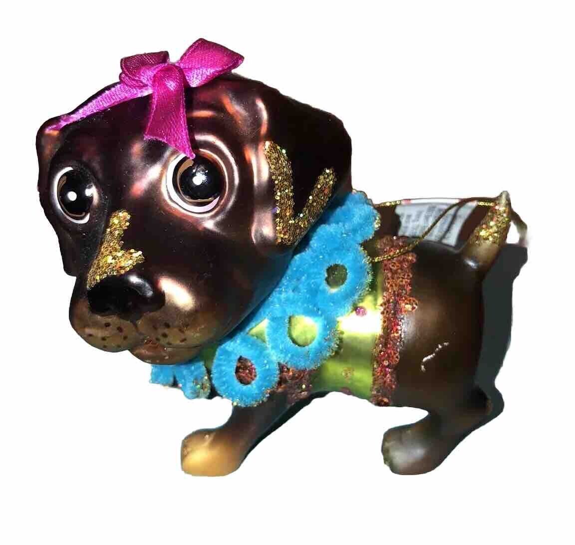 Brown Puppy Dog Glass Blown Xmas Ornament. Glitter & Pink Bow. 4.5\