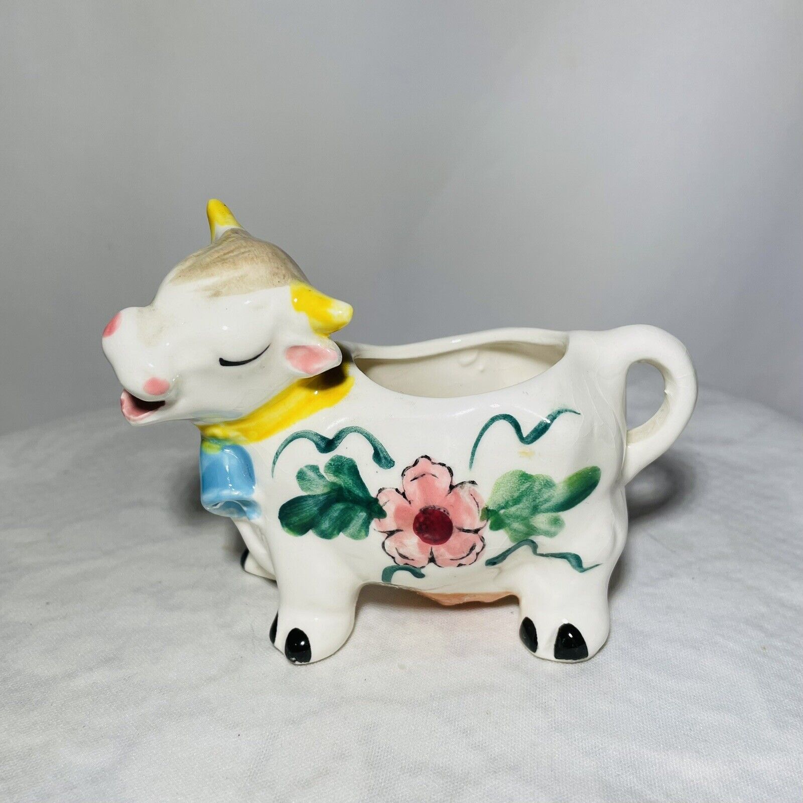 Vintage Ceramic Hand Painted Cow Creamer 4 Oz. Pink Floral Design Blue Bell Mini