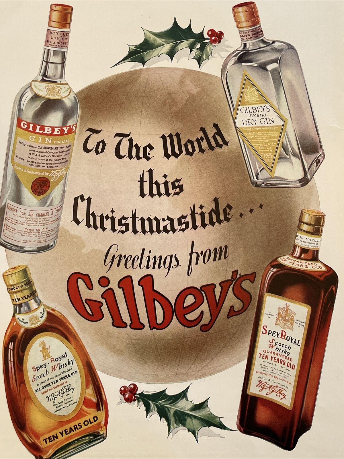 1936 GILBEY’S Scotch Whiskey Gin Christmas Globe World Greeting Print Ad