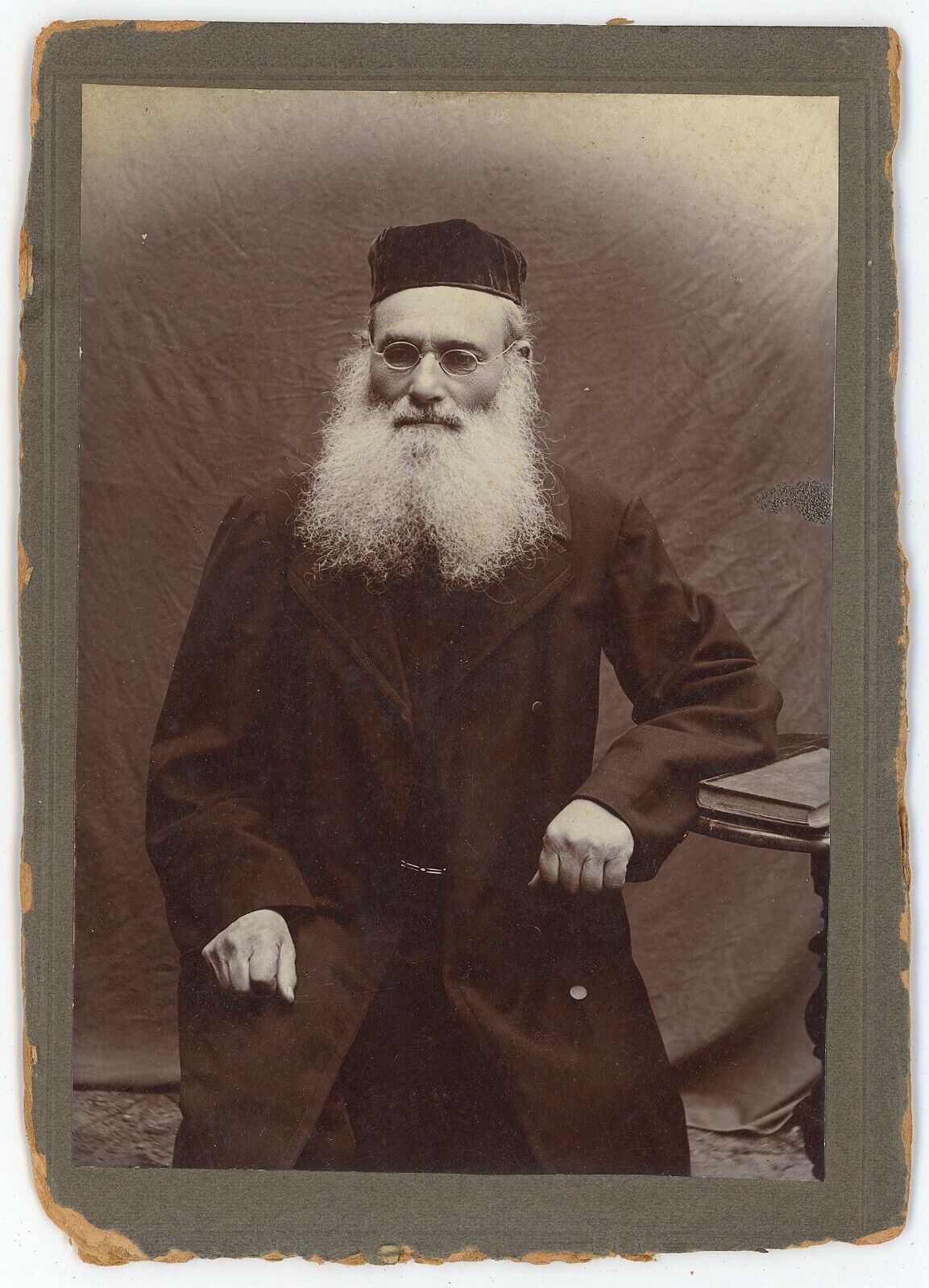 Antique c1890s Trimmed Rare Cabinet Card Rabbi Wearing Coat & Glasses Full Beard