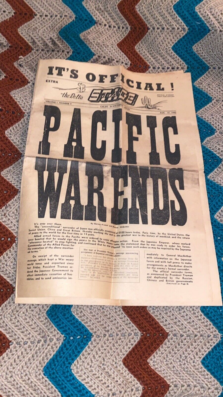 Aug. 15 1945 The Delta Stage Newspaper Calais France “Pacific War Ends” Rare