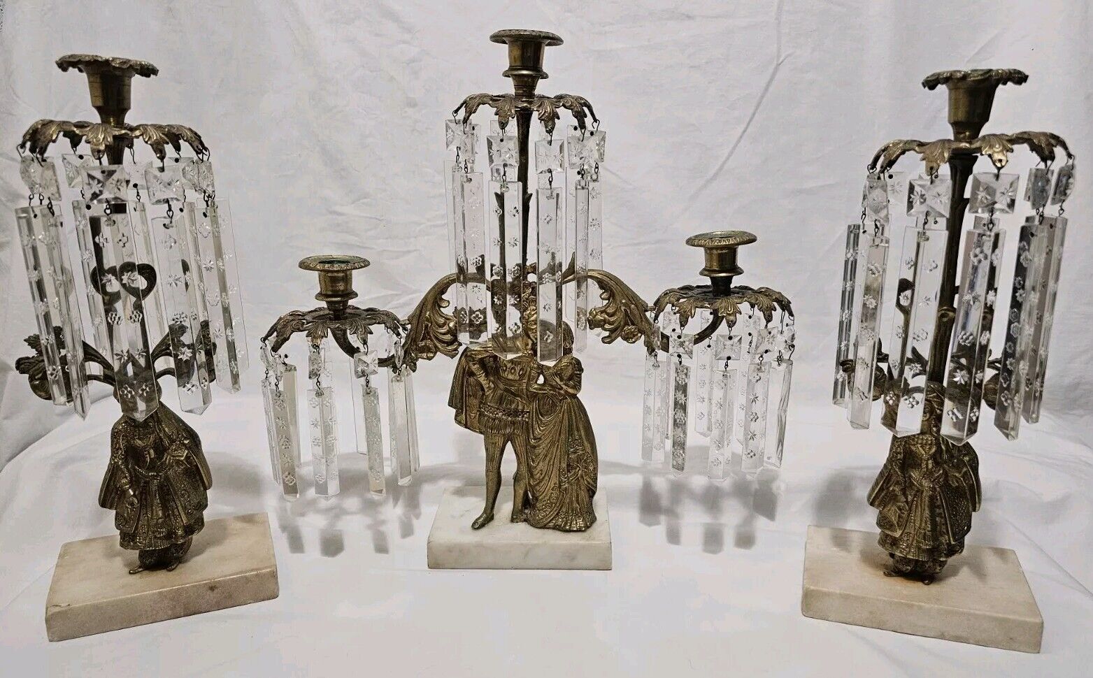 Set Of 3 Antique Victorian Girandole Candlesticks Marble Brass & Crystal Prisms 