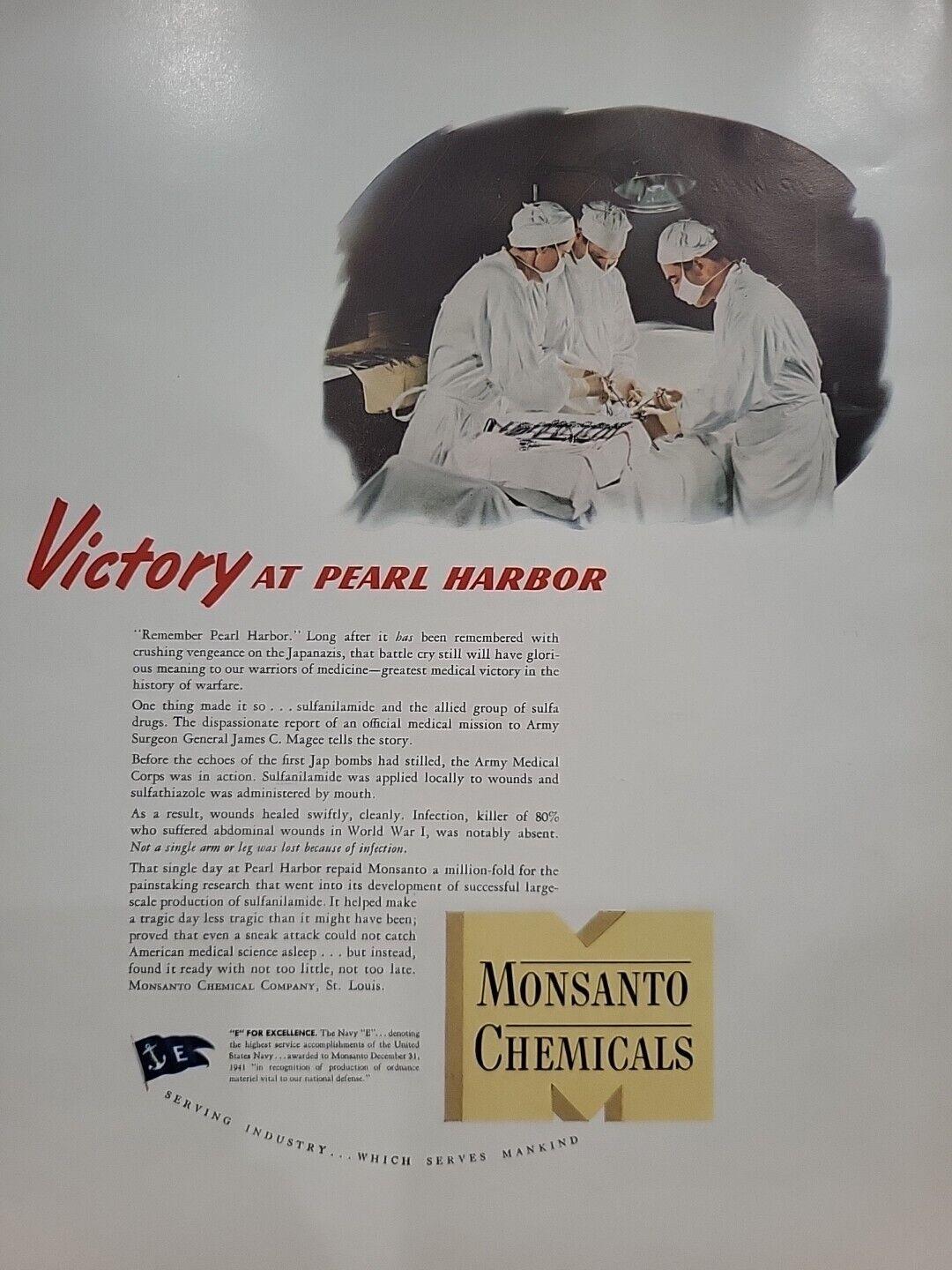 1942 Monsanto Chemicals Fortune WW2 Print Ad Q4 Victory Pearl Harbor Surgeons