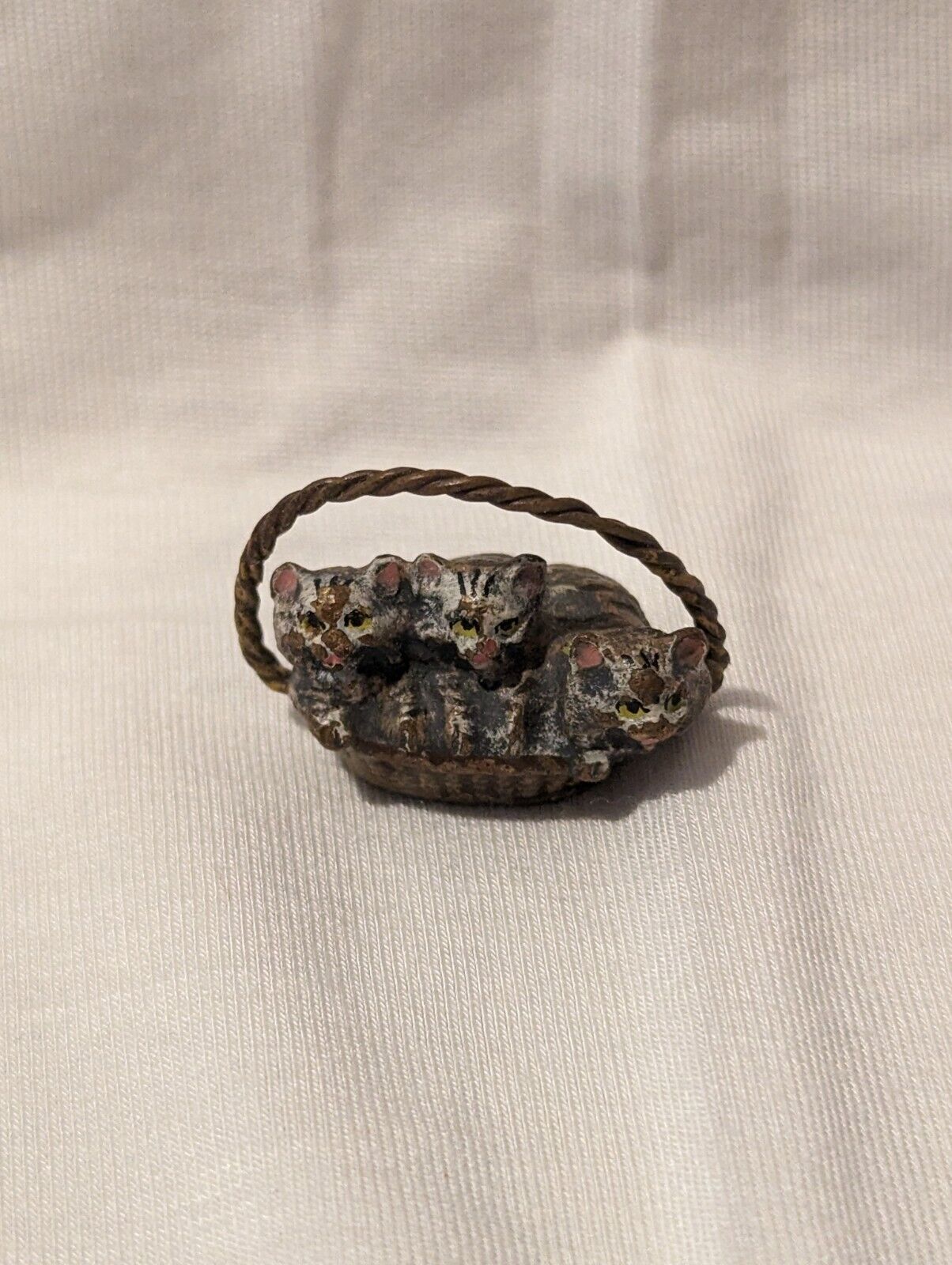 Antique Cold Painted Viennese Bronze Basket Of Kittens