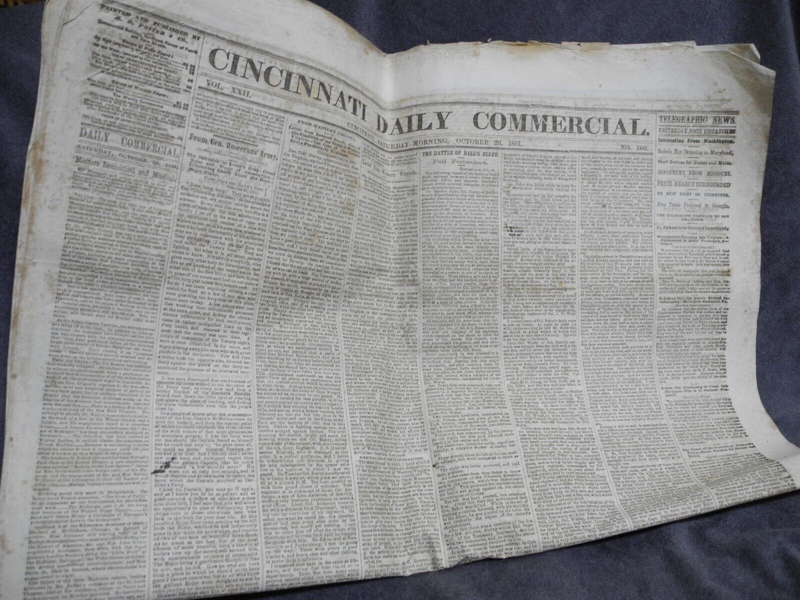Civil War era Newspaper  October 26, 1861 Cincinnati Daily Commercial 20\