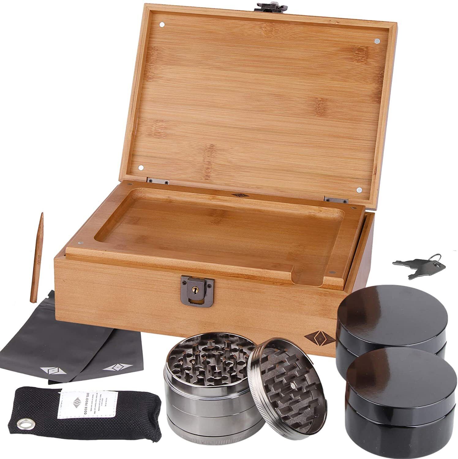 Premium Large Stash Box Kit with Lock –Bamboo Wood Rolling Tray, Premium Grinder