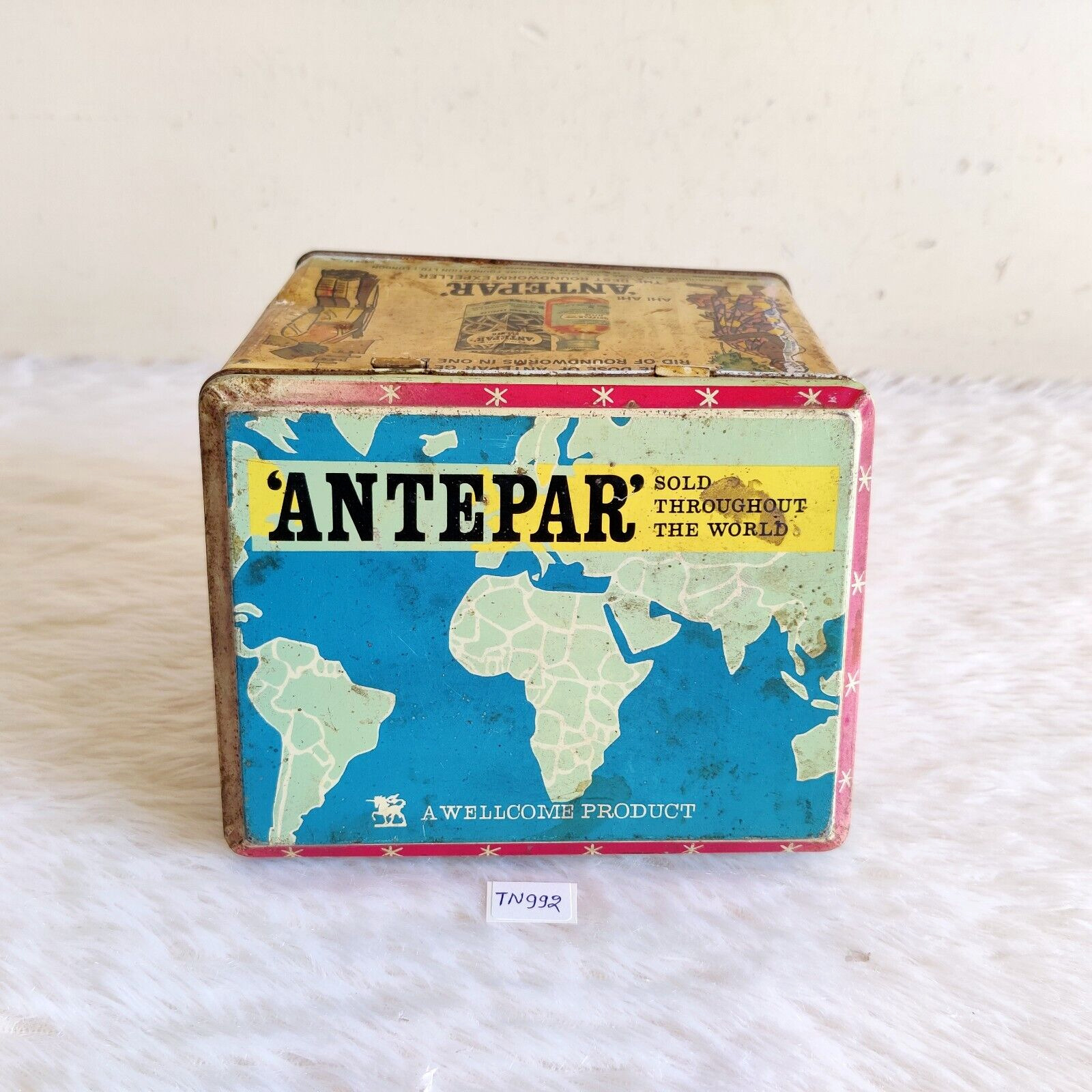 Antique World Map Graphics Antepar Roundworm Expeller Advertising Tin Rare TN992