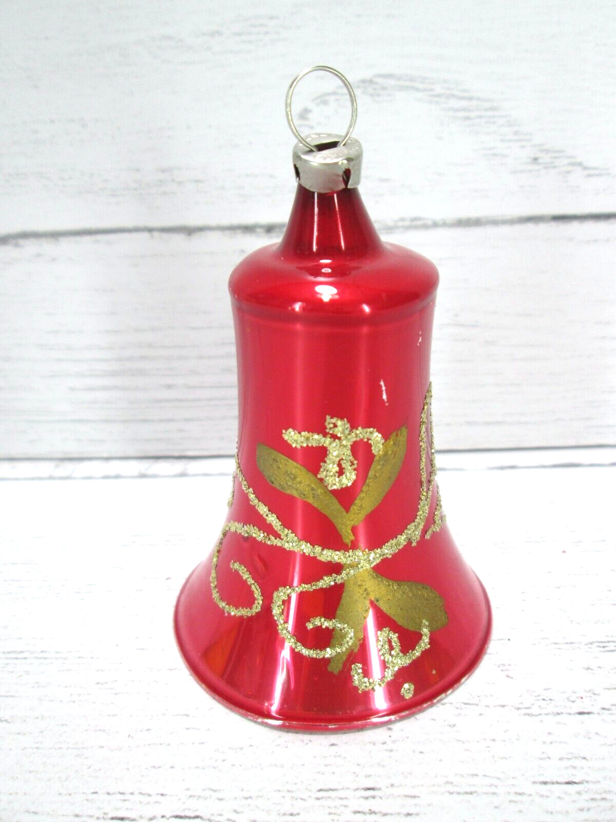 Vintage Mercury Glass Bell Christmas Ornament Red Gold Glitter Czechoslovakia