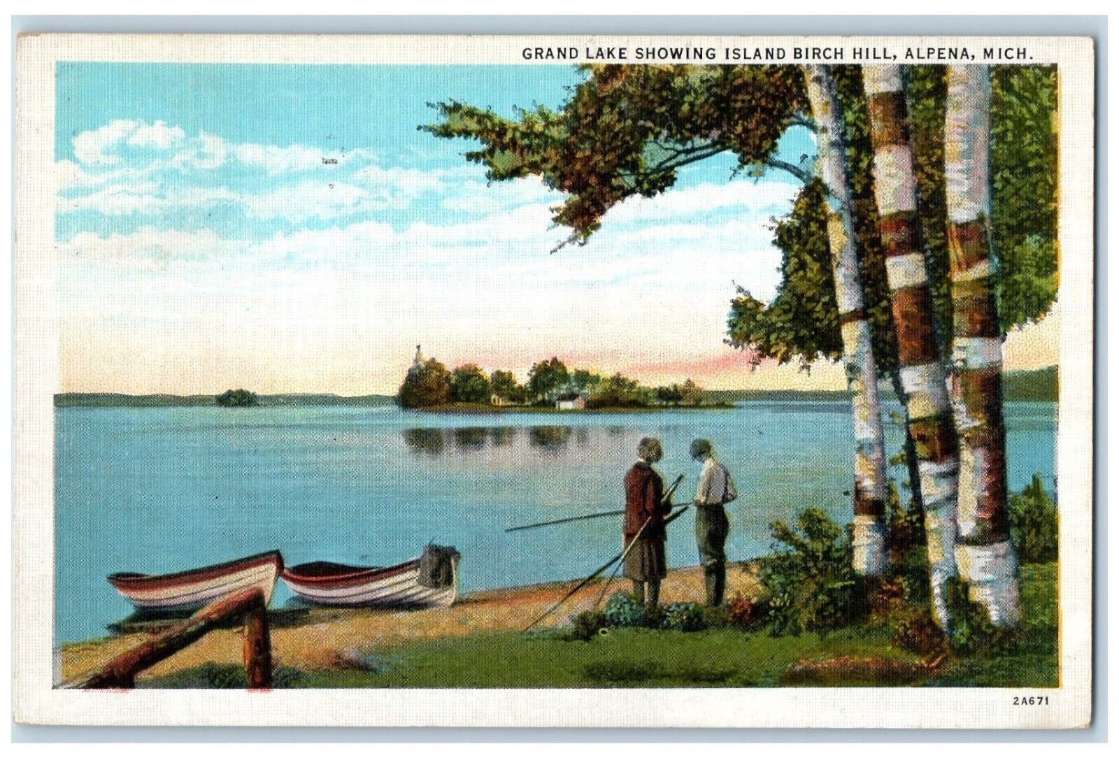 1935 Grand Lake Showing Island Birch Hill Boat Canoe Alpena Michigan MI Postcard