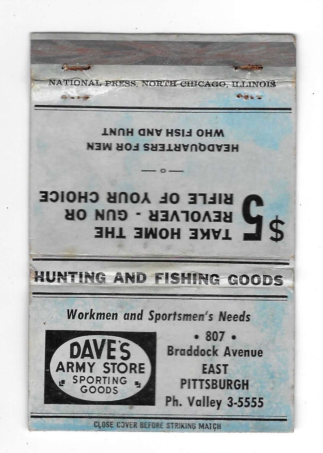 Vintage Dave's Army Store Matchbook cover Braddock Ave. East Pittsburgh PA 40 St